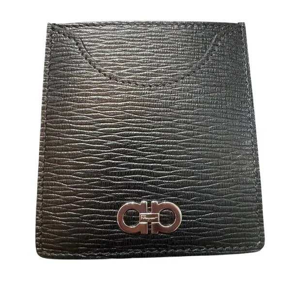 NWT Auth Salvatore Ferragamo Gancini Black Red Leather Card Case Holder